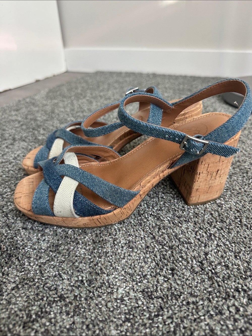 Denim Blue and Cream Cork Block Heel Sandals